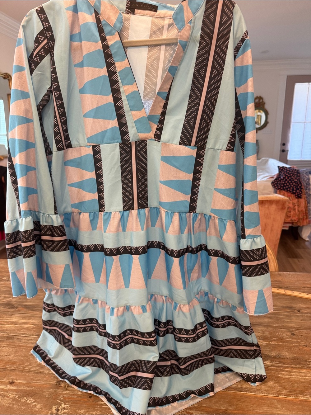 Light Blue Patterned Tiered V-Neck Dress